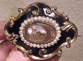 Large 15K ENAMEL & PEARLS HAIR BROOCH c1860