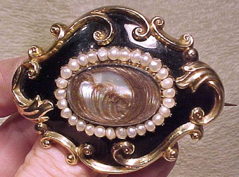 Large 15K ENAMEL & PEARLS HAIR BROOCH c1860