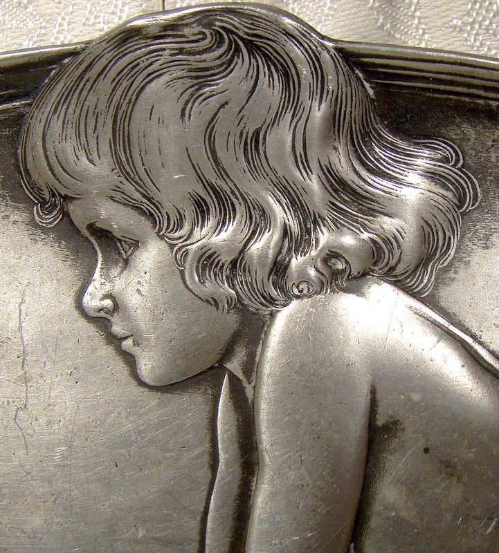 Scarce WMF BOY WITH SNAIL PEWTER Calling CARD TRAY Salver 1900