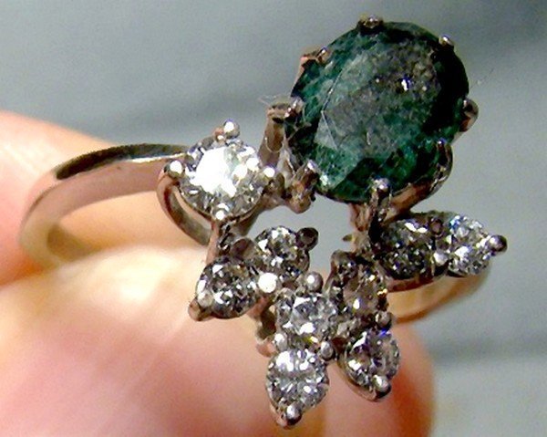 18K Emerald &amp; Diamonds Ring 1960s White Gold Size 7.25 Abstract
