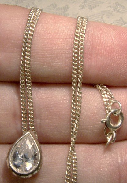 White Teardrop Cubic Zirconium CZ Sterling Silver Pendant on Chain