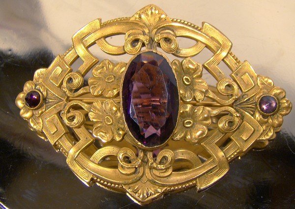 Art Nouveau Gilt Sash Pin 1900 - Amethyst Glass Stone