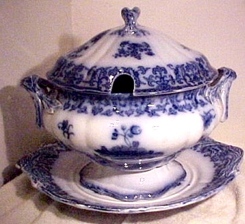 Charles Meigh FLOW BLUE 3 PC SOUP TUREEN c1860