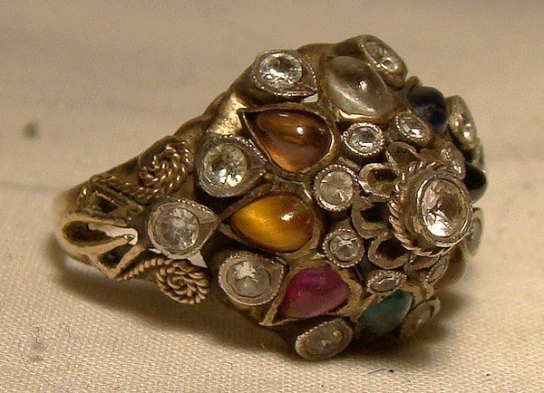 14K Dome Style Ring with Semiprecious Gemstones 1920s-30