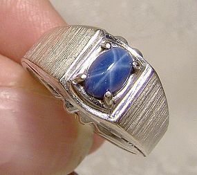 14K White Gold Mans Genuine Blue Star Sapphire Ring 1960s