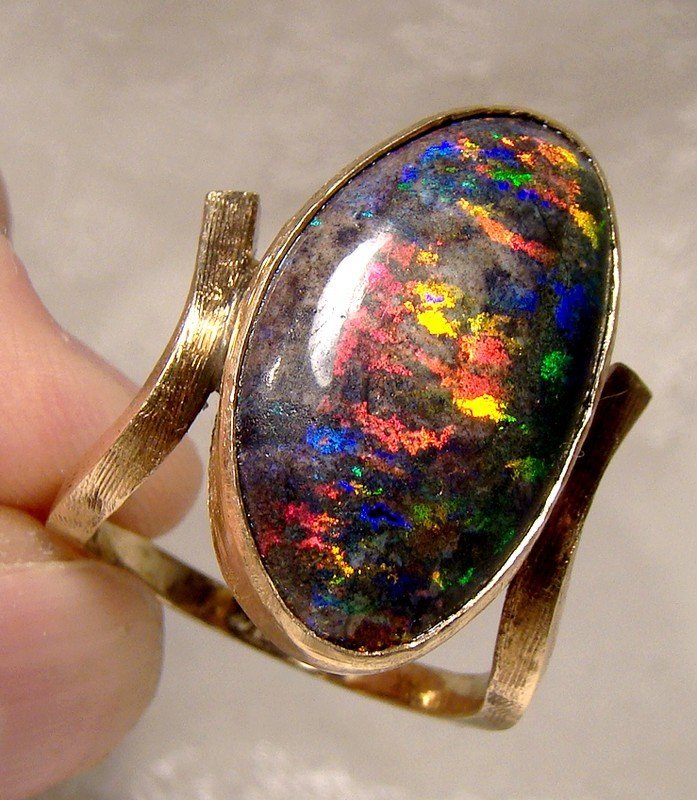 14K Australian Black Opal Ring 1960s Intense Colour Genuine 7 Carats