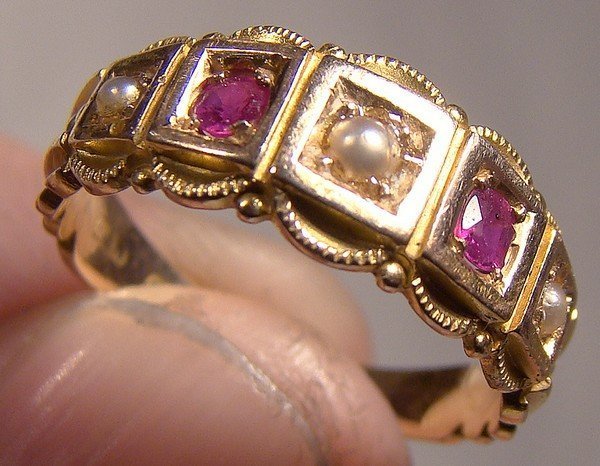 Victorian 15k RUBIES & PEARLS RING 1880s Antique Size 4-1/2