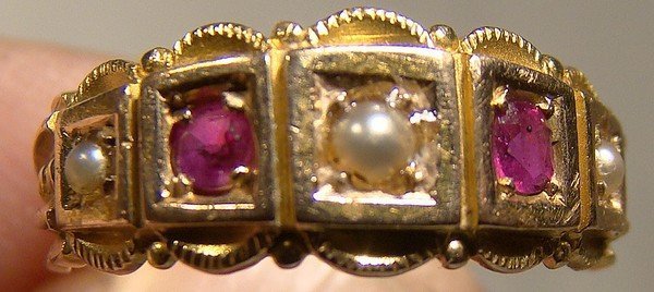Victorian 15k RUBIES &amp; PEARLS RING 1880s Antique Size 4-1/2
