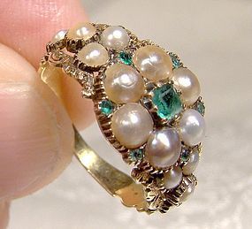 Antique Georgian 15K Emeralds Pearls Ring 1820 1830