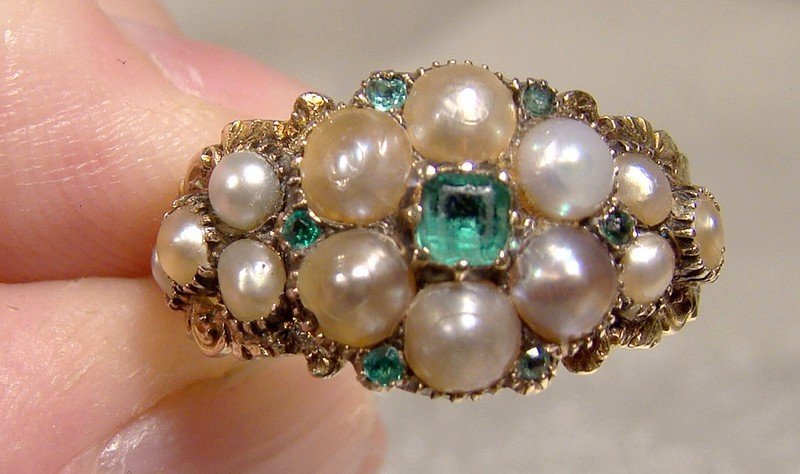 Antique Georgian 15K Emeralds Pearls Ring 1820 1830