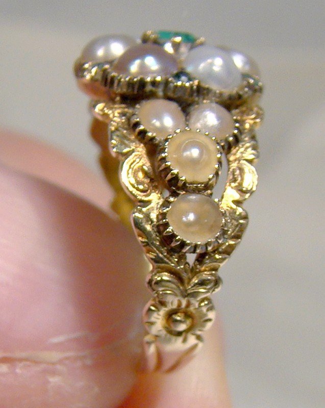 Antique Georgian 15K Emeralds Pearls Ring 1820 1830