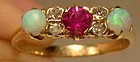 Antique 14K Opals Diamonds Synthetic Ruby Gold Ring 1900 14 K