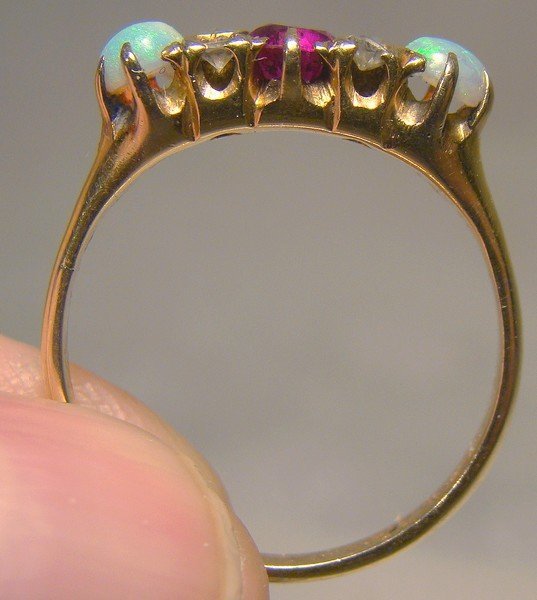 Antique 14K Opals Diamonds Synthetic Ruby Gold Ring 1900 14 K