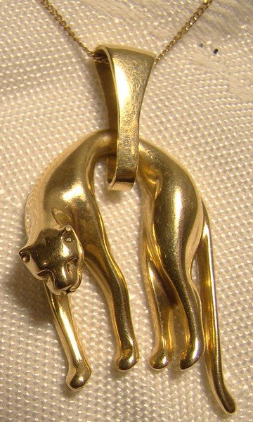 18K Yellow Gold Hanging Panther Cat Pendant Necklace 1980s