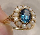 10K Yellow Gold Blue Sapphire and Cultured Pearls Ring 1950s 10 K