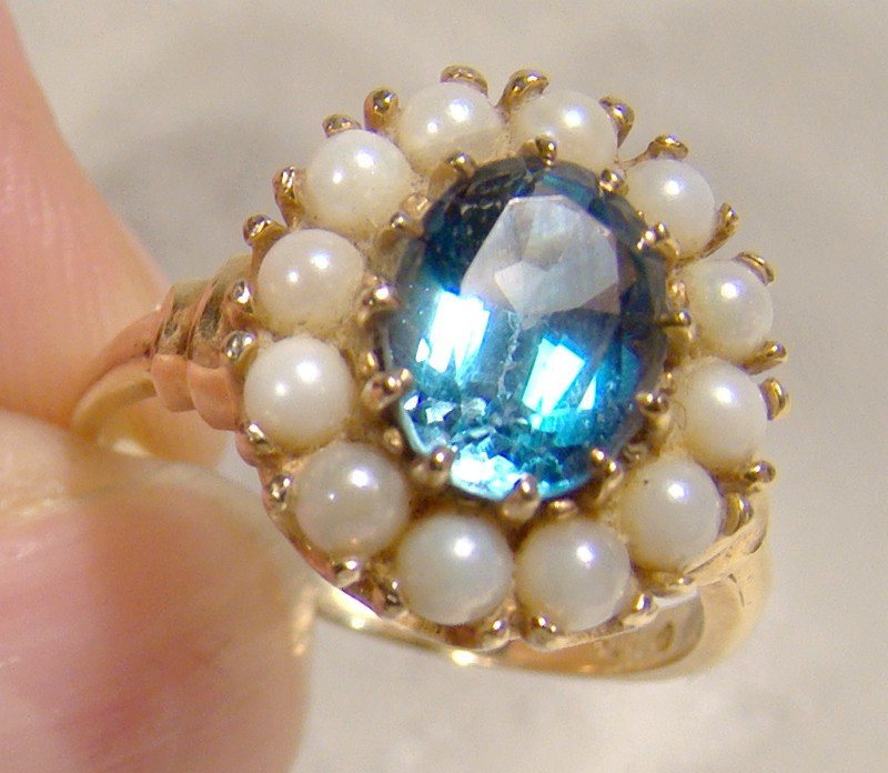 10K Yellow Gold Blue Sapphire and Cultured Pearls Ring 1950s 10 K