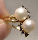 14K Twin Cultured Pearls and Sapphires Ring 1960s - Size 5-1/2