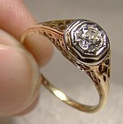 Art Deco 14K Solitaire Diamond Filigree Ring 1915 1920 14 K Size 6-3/4