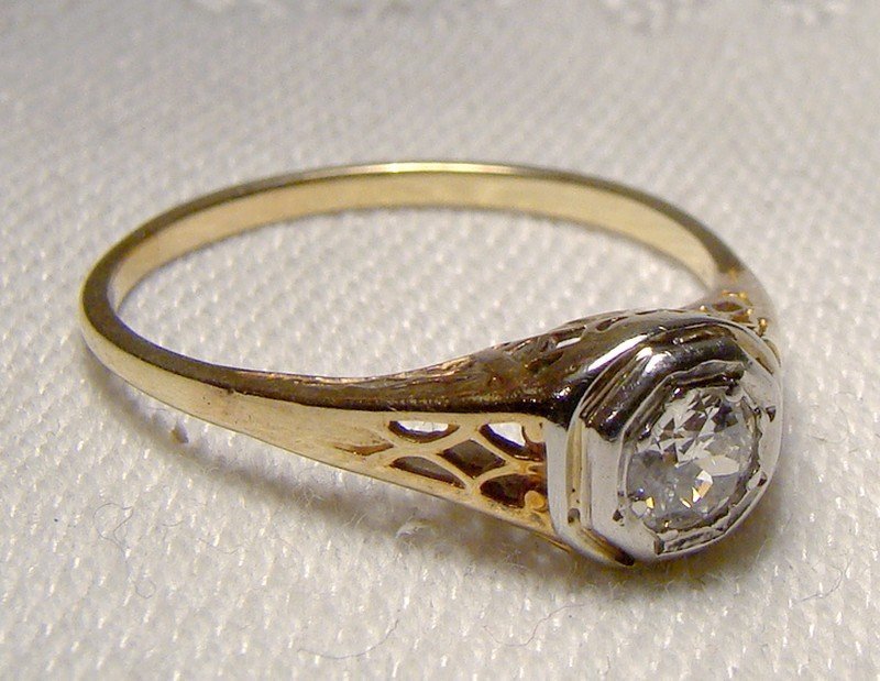 Art Deco 14K Solitaire Diamond Filigree Ring 1915 1920 14 K Size 6-3/4