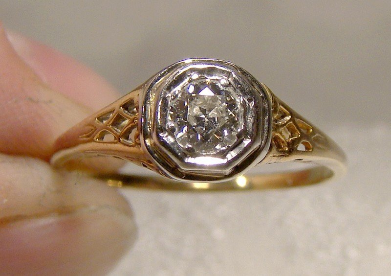 Art Deco 14K Solitaire Diamond Filigree Ring 1915 1920 14 K Size 6-3/4