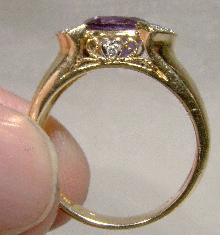 14K Oval Amethyst &amp; 12 Diamonds Ring 1980s Size 5 3/4