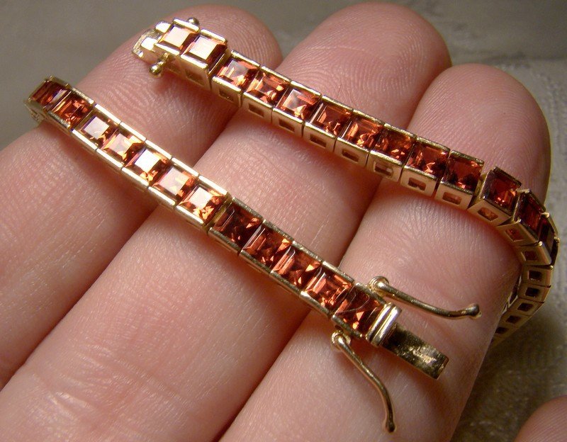 10K Yellow Gold Red Orange Tourmaline Tennis Bracelet 1980s