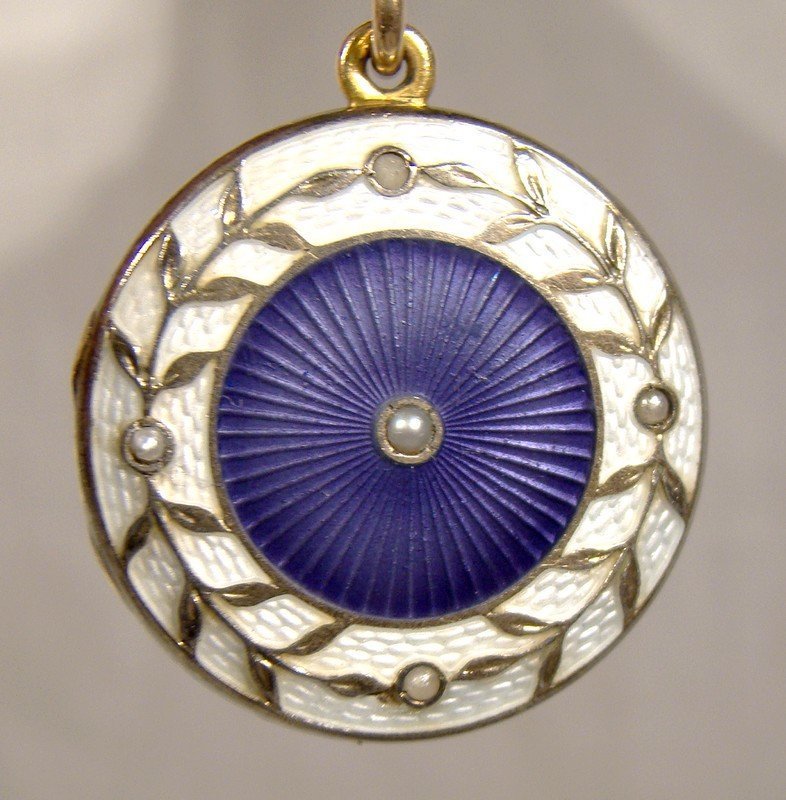 Edwardian Enamel Seed Pearls Gold Filled Photo Locket Pendant 1905-10