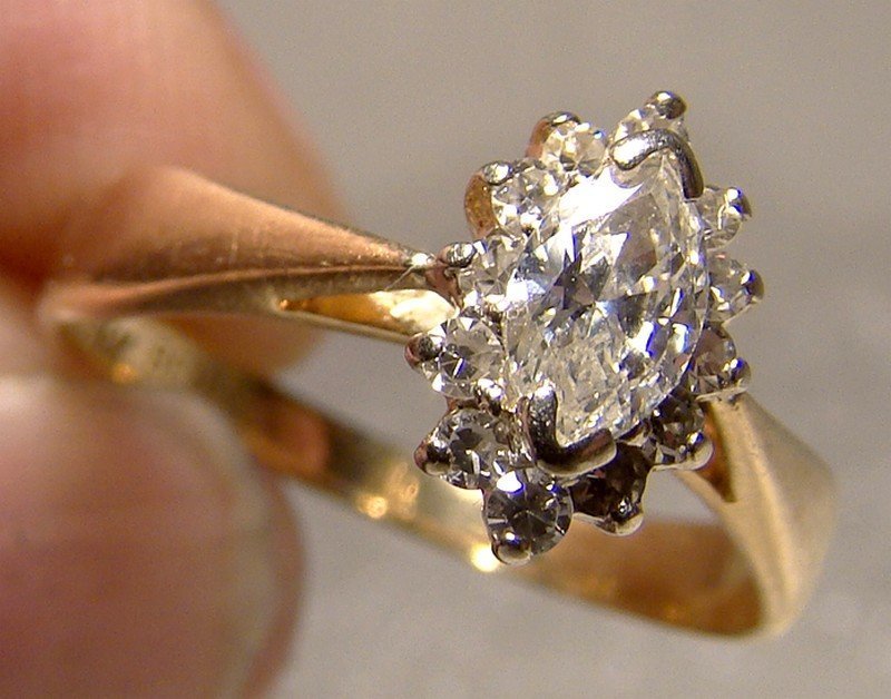 14K Marquise DIAMOND RING Wedding Engagement 1960s Band Size 6-1/2
