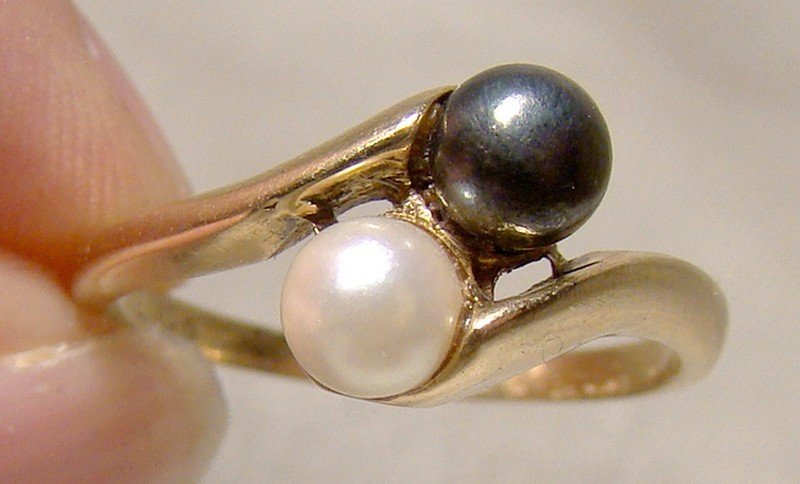 10K Cultured Black Alaskan Diamond Hematite Black Pearls Ring 1960