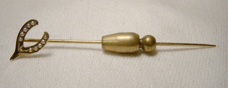 Victorian 10k Seed PEARLS Wishbone STICKPIN or Cravat or Tie Pin 1890s