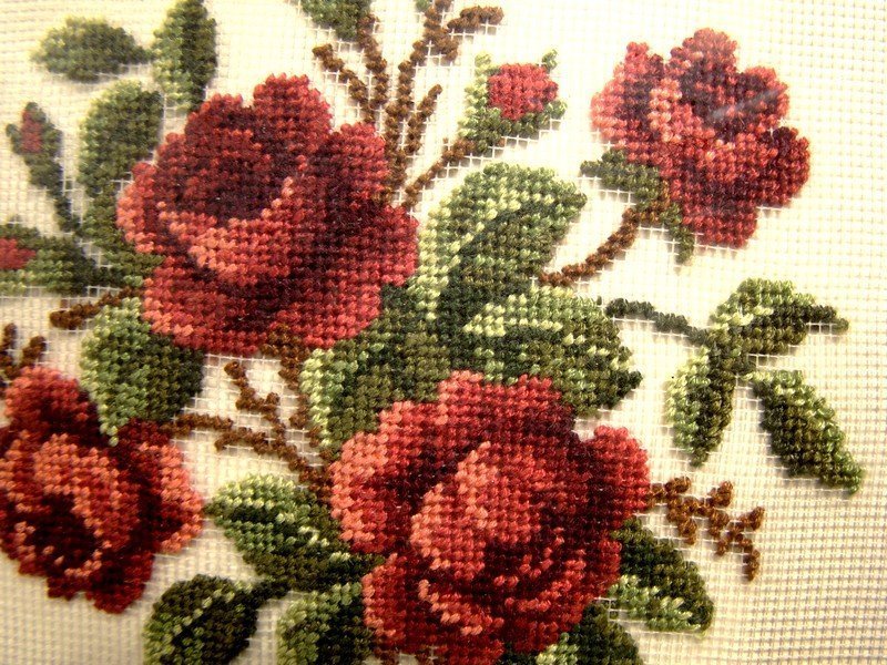 Pair Cross Stitch Needlepoint Roses and Poppies Framed Pictures