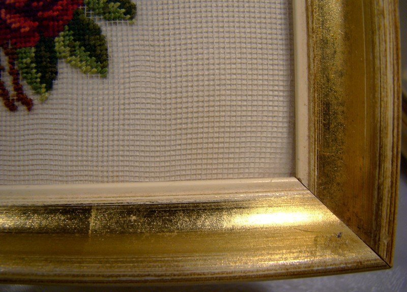 Pair Cross Stitch Needlepoint Roses and Poppies Framed Pictures