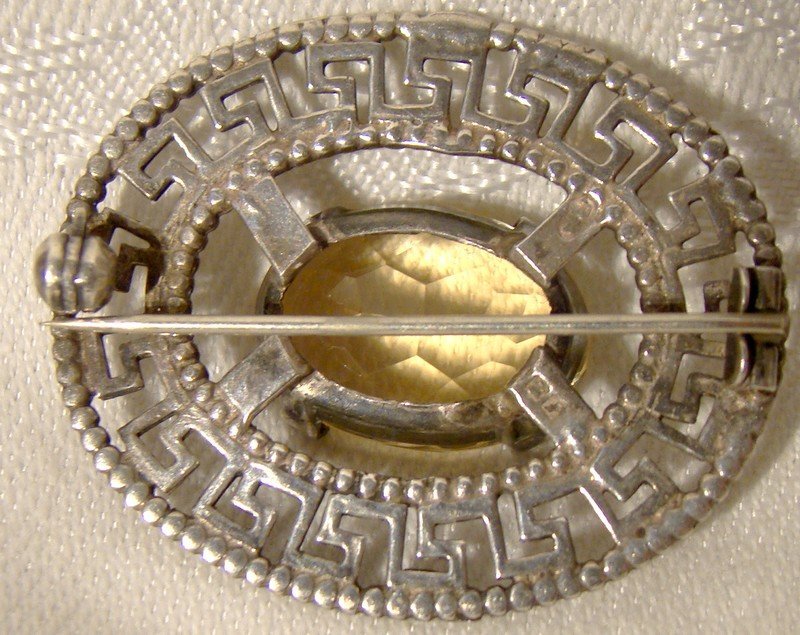 Robert Allison Scottish Sterling Silver Citrene Greek Key Pin Brooch