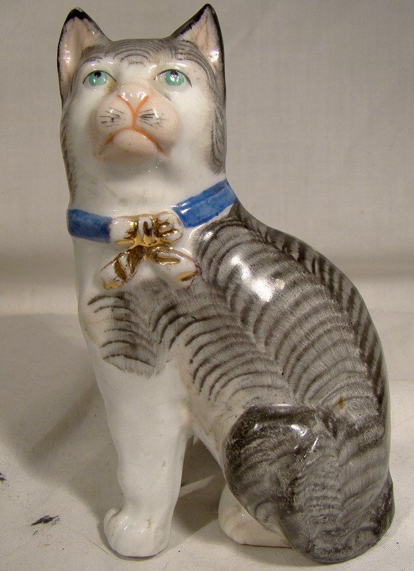 19th Century Porcelain Cat Figurine - Hand Painted Antique