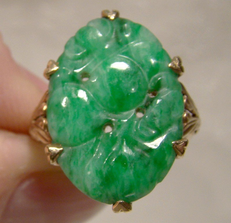 Edwardian 10K Birks Carved Green Jadite Jade Ring 1910 1915