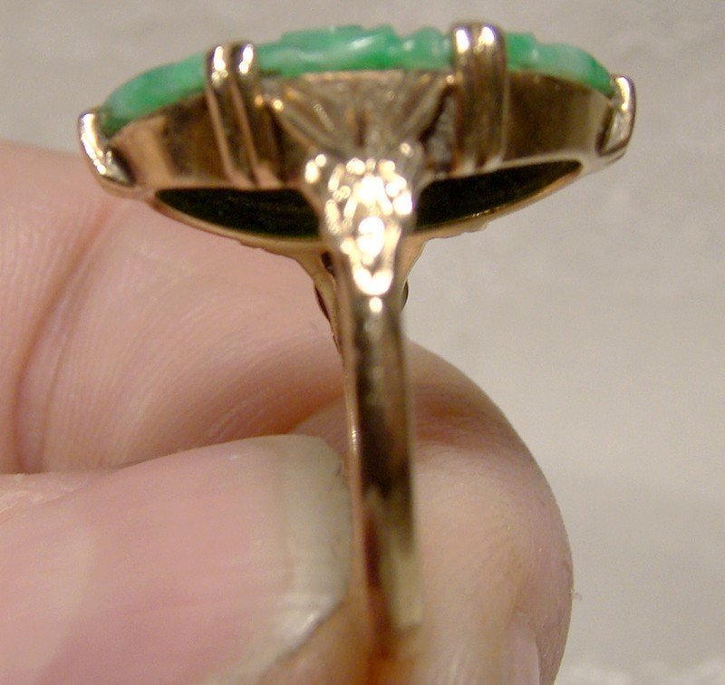 Edwardian 10K Birks Carved Green Jadite Jade Ring 1910 1915