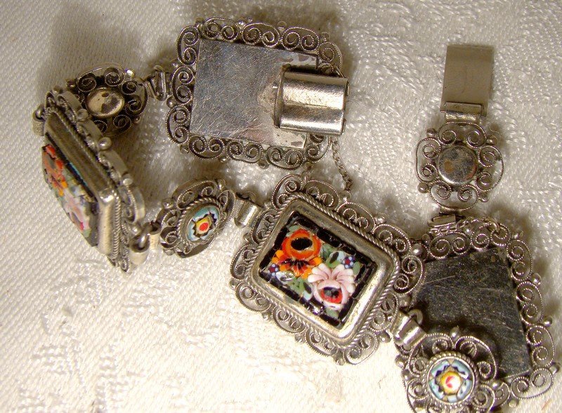 Italian Mosaic Floral Filigree Bracelet 1940 1950