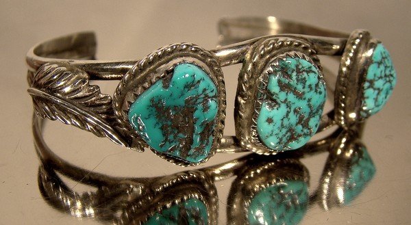 Navajo Sterling Silver Turquoise Cuff Bracelet 1940 1950 Sleeping Beau