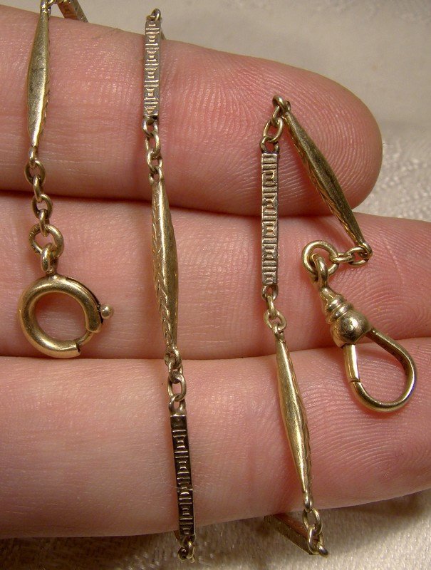 Edwardian 14K White &amp; Yellow Gold Rod Link Watch Chain c1910 1920