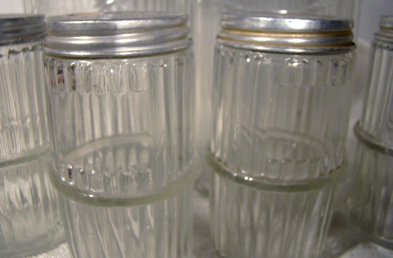 7 Hoosier Glass Kitchen Storage Jars 1920s-30s Original Lids