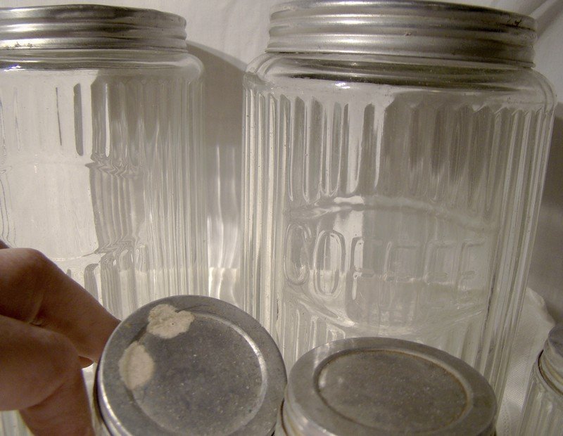7 Hoosier Glass Kitchen Storage Jars 1920s-30s Original Lids