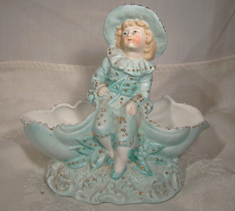 Victorian Bisque Double Shell Young Boy Figural Mantle Vase