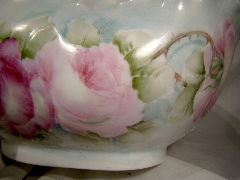 Hand Painted Limoges Large Roses Centerpiece or Fruit Bowl Dated 1903
