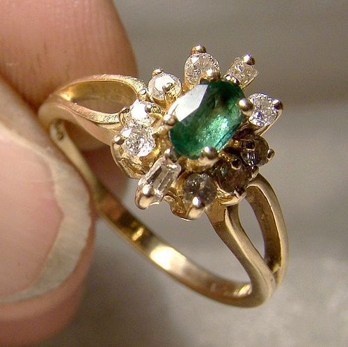 14K Green Topaz & Diamonds Yellow Gold Cluster Ring 1960 1970