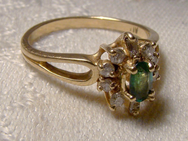 14K Green Topaz &amp; Diamonds Yellow Gold Cluster Ring 1960 1970