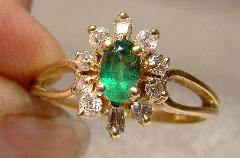 14K Green Topaz &amp; Diamonds Yellow Gold Cluster Ring 1960 1970