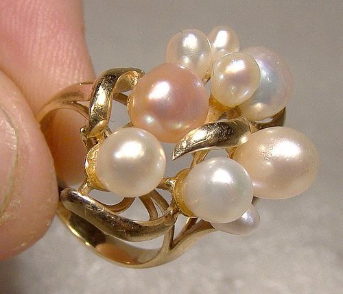 14K Italian Baroque and Teardrop Pearls Ring 1980s - Size 4-1/2