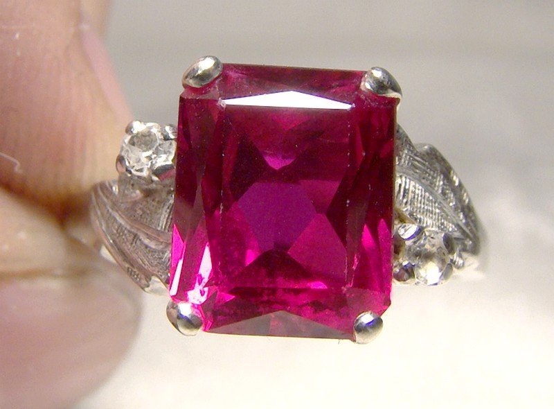 10K White Gold Synthetic Ruby &amp; White Sapphires Ring 1960s