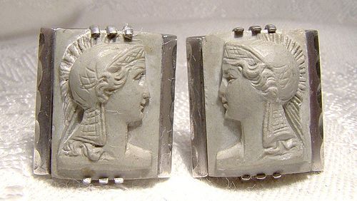 Athena Carved Lava Cameo Sterling Silver Cufflinks 1940s 1950s
