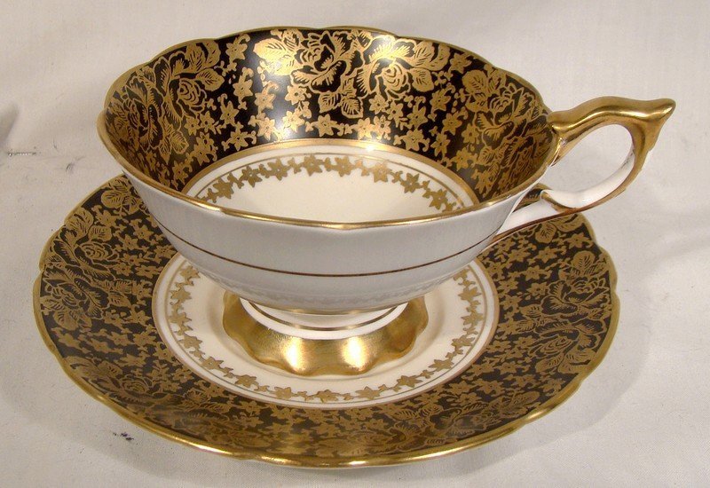 Royal Stafford Black & Gold Roses & Asters Brocade Cup & Saucer 1950s